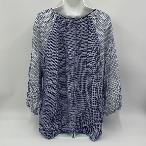 Blue and white patterned Cynthia Rowley long sleeve top - Picture 2 of 8